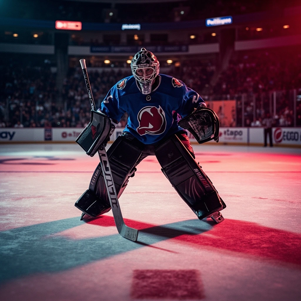 Hockey goal crease close-up with pads and stick