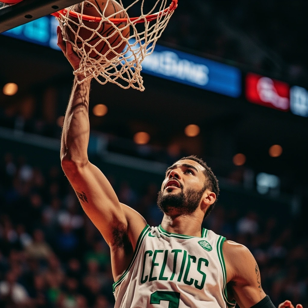 Boston forward grabbing a rebound under the TD Garden basket